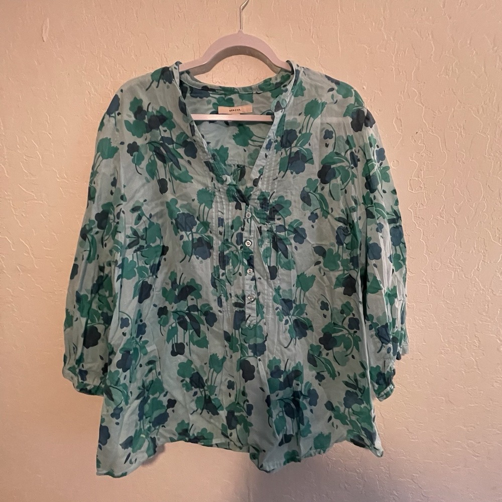 Merona Womens Size 24W/26W Top Floral Print V Neck Green Casual Blouse